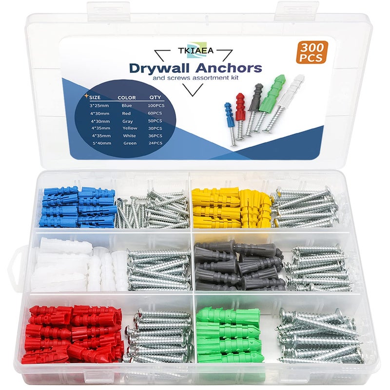 Tkiaea Drywall Anchors and Screws Kit 300Pcs, 150 Wall Anchors, 150 Drywall Screws, Including 6 Different Sizes - Image 1